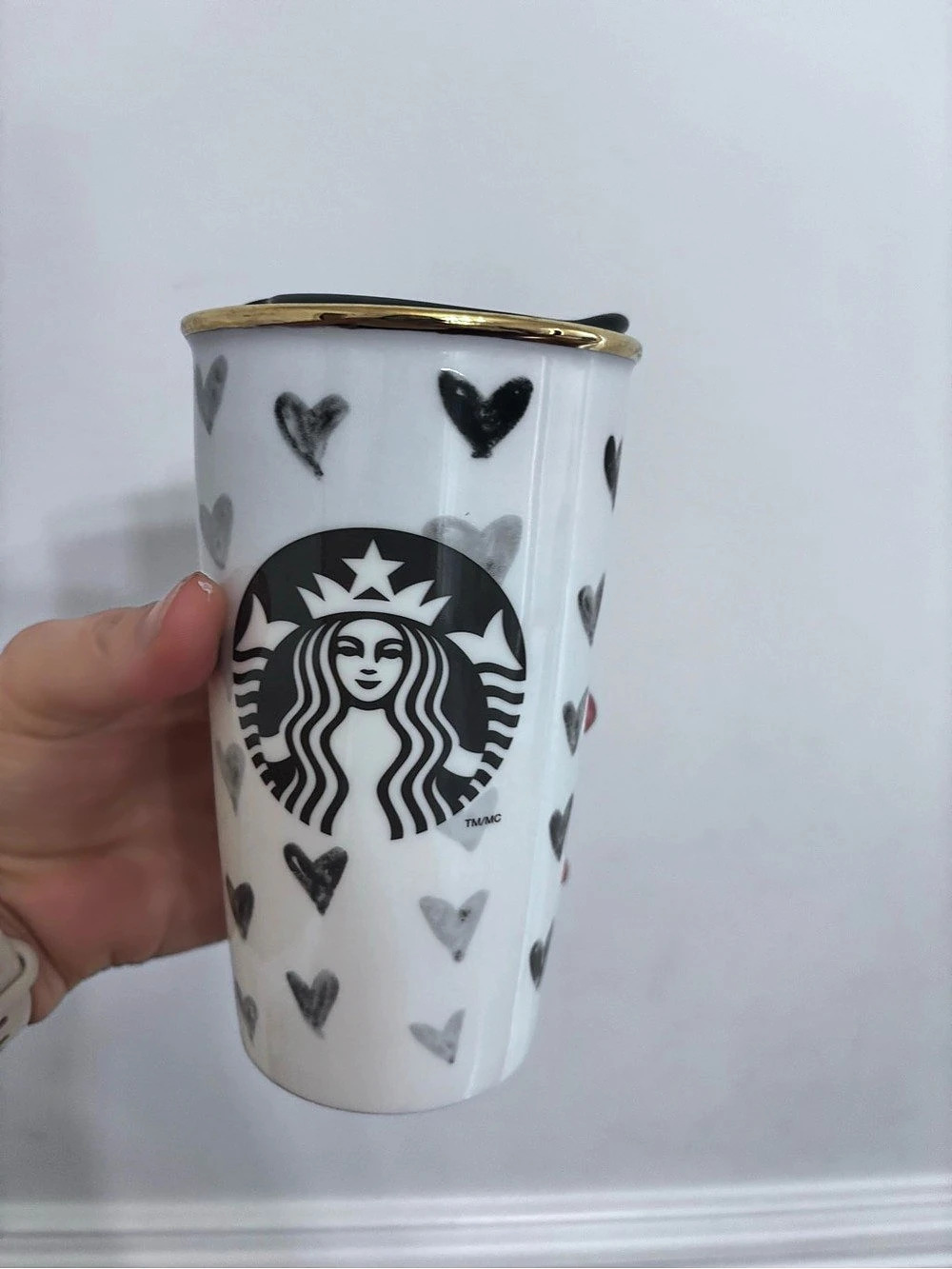 Starbucks 2014 Black & White Floral Heart Ceramic Travel Tumbler Heart Pattern